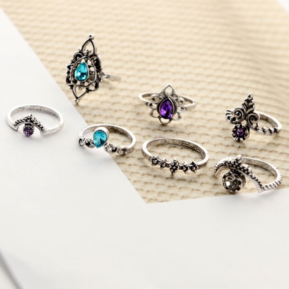 🌺 7PC: CELTIC RINGS PURPLE BLUE MIDI BOHO BOHEMIAN BUNDLE SET LOT INDIA GEM - Picture 2 of 7